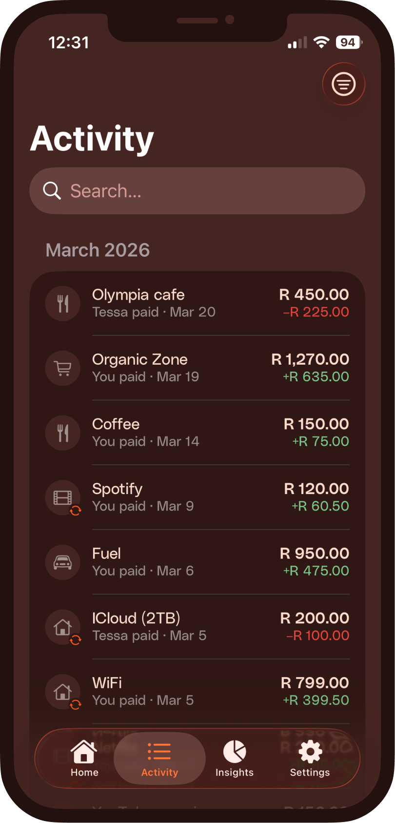 BetterHalve activity — full expense timeline